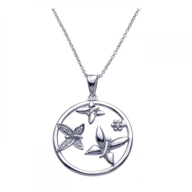 Silver 925 Rhodium Plated Clear CZ Circle Butterfly Pendant Necklace - STP00957 | Silver Palace Inc.