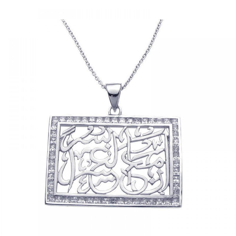 Closeout-Silver 925 Rhodium Plated Clear CZ Rectangle Pendant Necklace - STP00959 | Silver Palace Inc.
