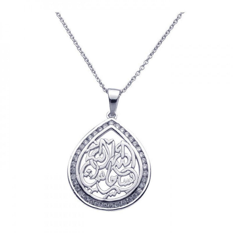 Silver 925 Rhodium Plated Clear CZ Tear Pendant Necklace - STP00960 | Silver Palace Inc.
