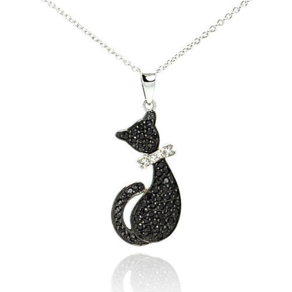 Silver 925 Rhodium Plated Clear CZ Black Cat Pendant Necklace - STP00967 | Silver Palace Inc.