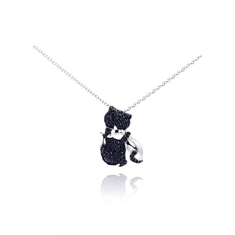 Silver 925 Rhodium Plated Clear CZ Black Kitty Pendant Necklace - STP00969 | Silver Palace Inc.