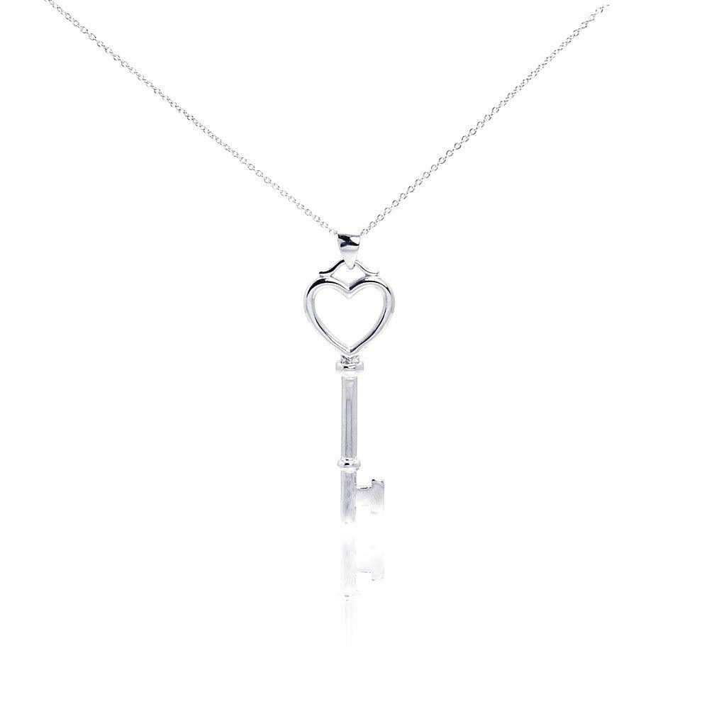 Silver 925 Rhodium Plated Clear CZ Heart Key Pendant Necklace - STP00979 | Silver Palace Inc.