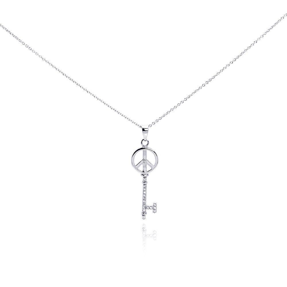 Silver 925 Rhodium Plated Clear CZ Peace Key Pendant Necklace - STP00991 | Silver Palace Inc.
