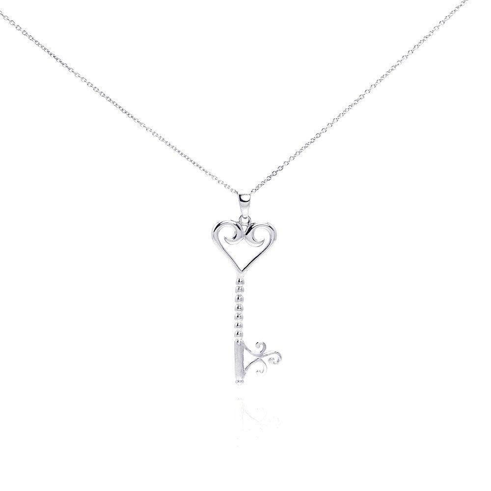Silver 925 Rhodium Plated Clear CZ Key Heart Pendant Necklace - STP00996 | Silver Palace Inc.