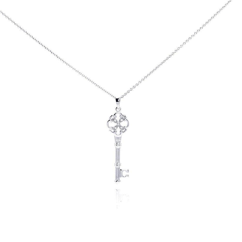 Silver 925 Rhodium Plated Clear CZ Key Pendant Necklace - STP00999 | Silver Palace Inc.