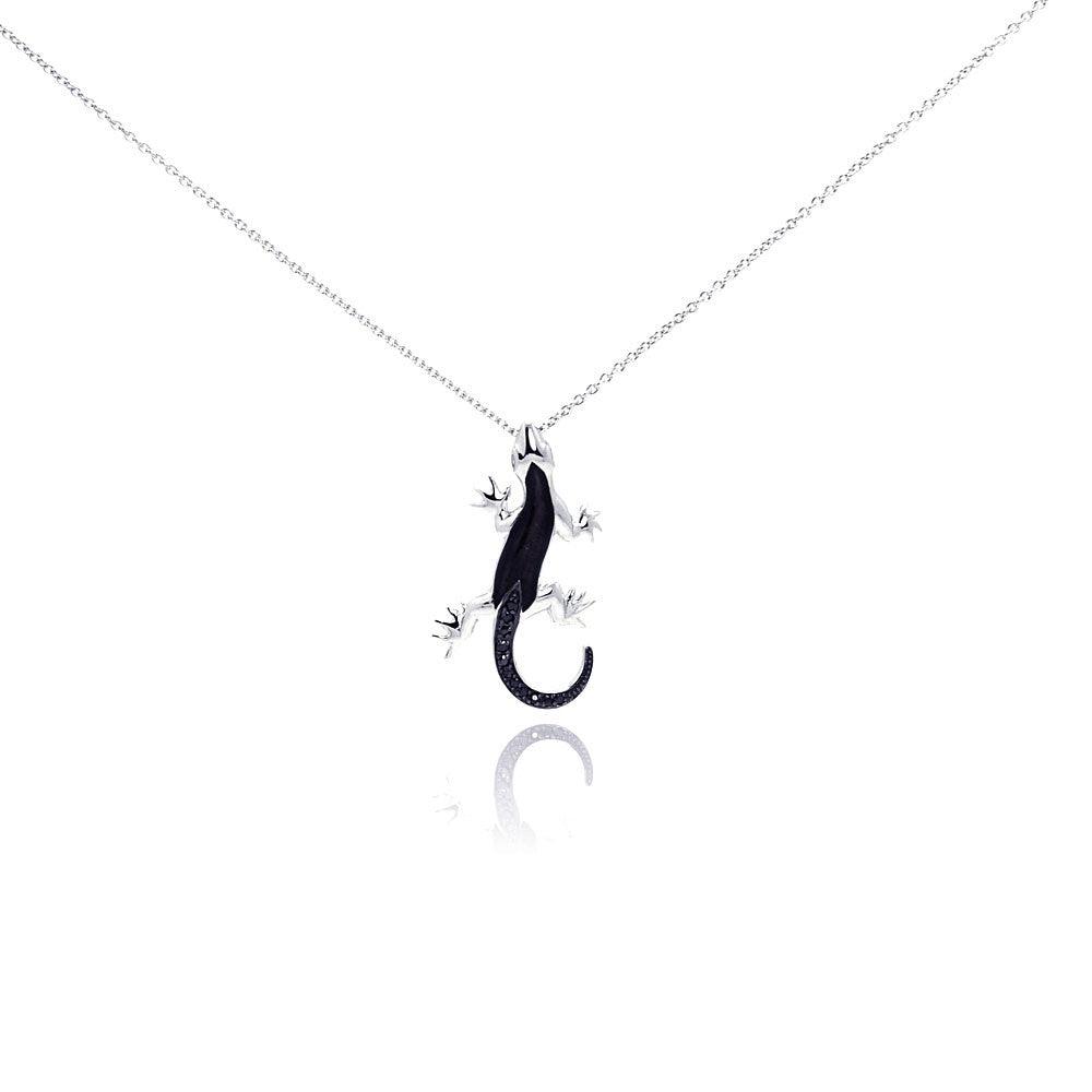 Silver 925 Rhodium and Black Rhodium Plated Black CZ Lizard Pendant Necklace - STP01005 | Silver Palace Inc.