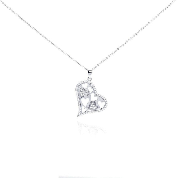 Silver 925 Rhodium Plated Clear CZ Heart Pendant Necklace - STP01007 | Silver Palace Inc.