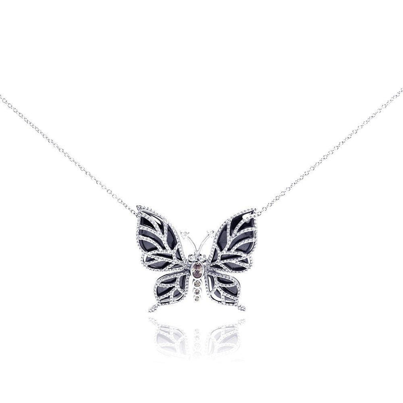 Silver 925 Rhodium Plated Clear CZ Butterfly Onyx Pendant Necklace - STP001016 | Silver Palace Inc.
