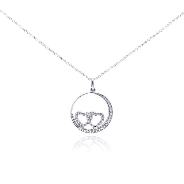 Silver 925 Rhodium Plated Clear Diamond Double Heart Circle Pendant Necklace - STP01034 | Silver Palace Inc.