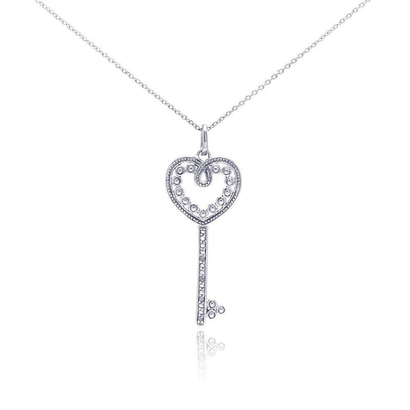 Silver 925 Rhodium Plated Clear Diamond Heart Key Pendant Necklace - STP01037 | Silver Palace Inc.
