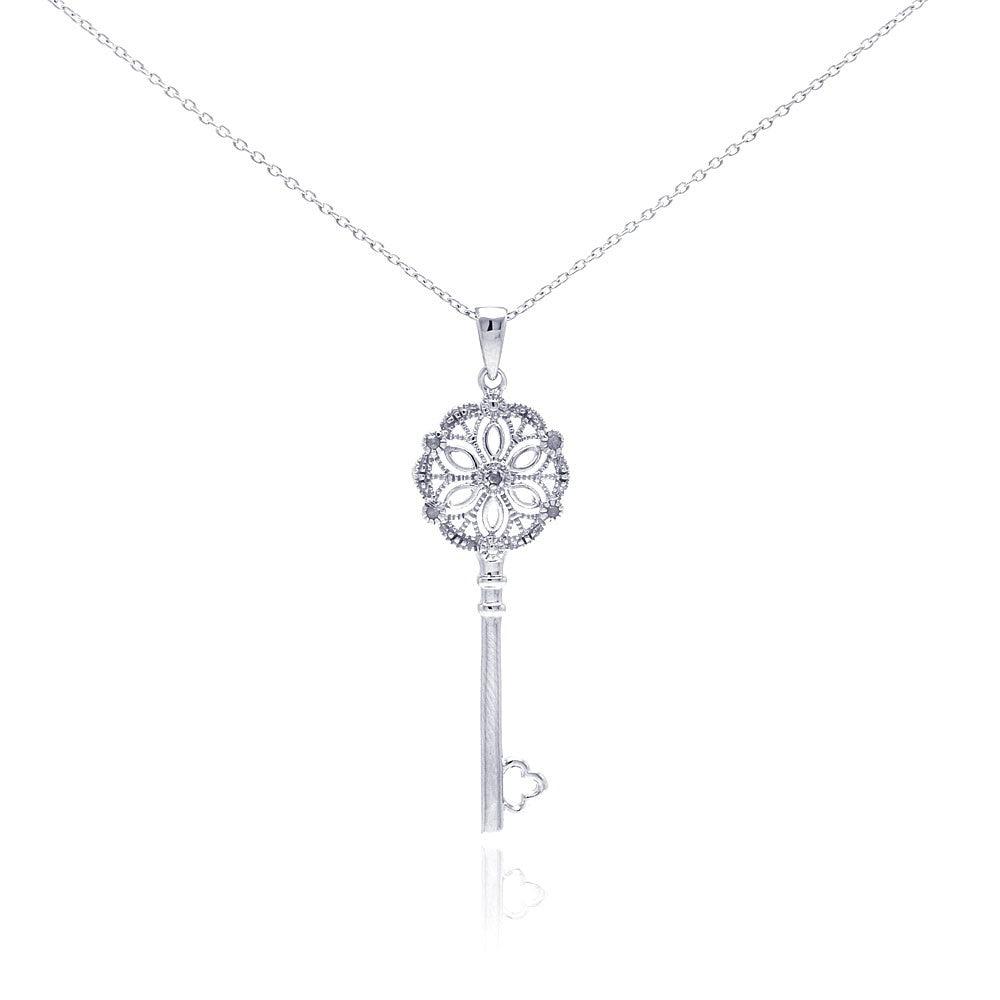 Silver 925 Rhodium Plated Clear Diamond Key Pendant Necklace - STP01040 | Silver Palace Inc.
