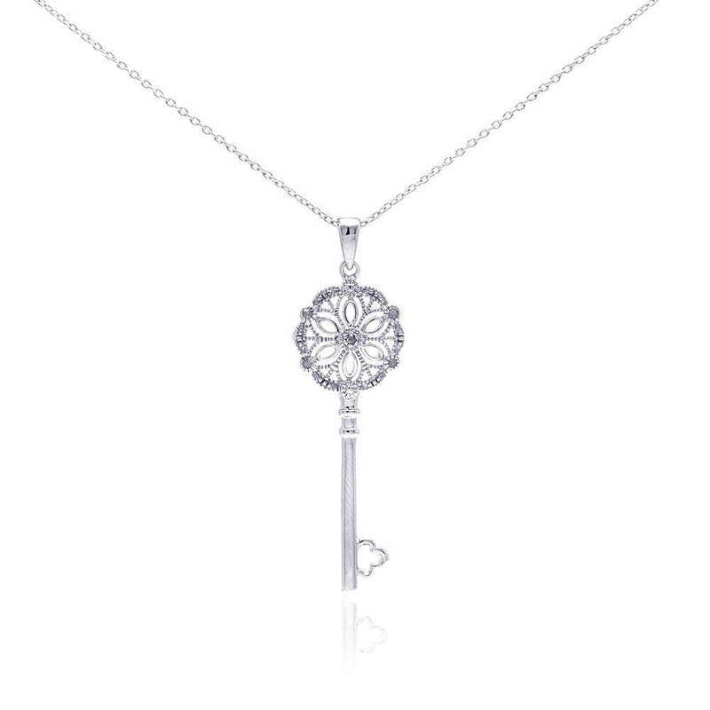 Silver 925 Rhodium Plated Clear Diamond Key Pendant Necklace - STP01040 | Silver Palace Inc.