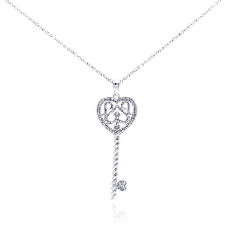 Silver 925 Rhodium Plated Clear Diamond Key Pendant Necklace - STP01041 | Silver Palace Inc.