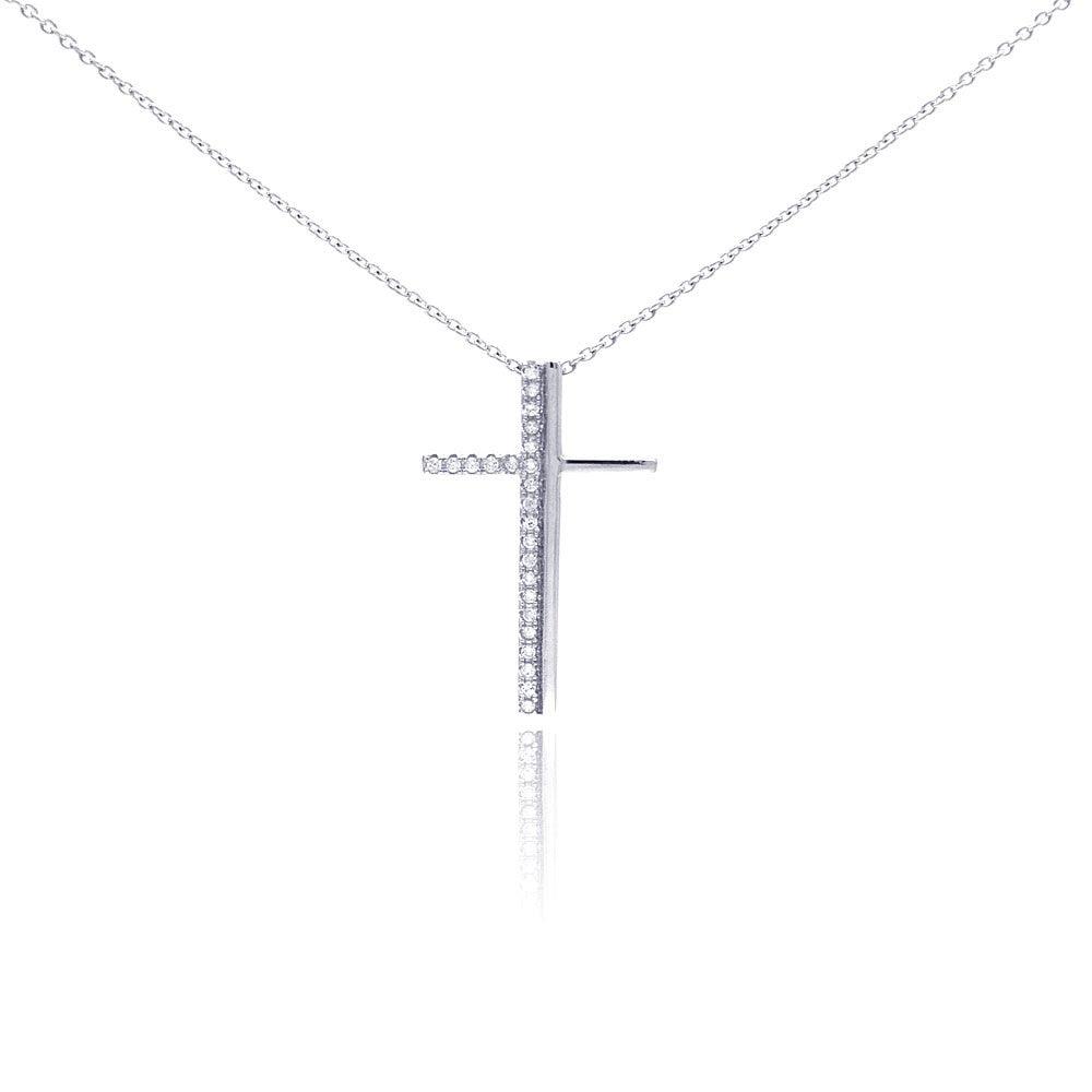 Silver 925 Rhodium Plated Clear CZ Cross Pendant Necklace - STP01047 | Silver Palace Inc.