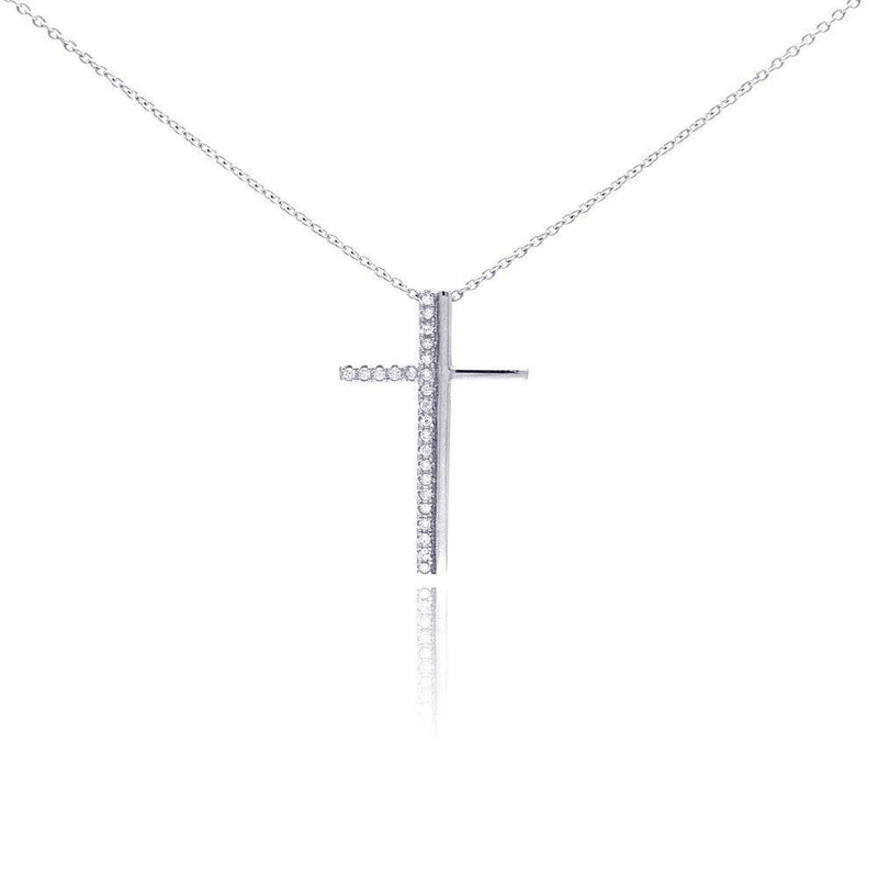 Silver 925 Rhodium Plated Clear CZ Cross Pendant Necklace - STP01047 | Silver Palace Inc.