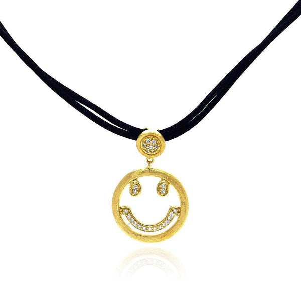 Closeout-Silver 925 Gold Plated Clear CZ Smile Pendant Leather Necklace - STP01052 | Silver Palace Inc.