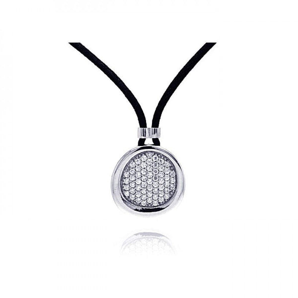 Closeout-Silver 925 Rhodium Plated Clear CZ Circle Pendant Leather Necklace - STP01053 | Silver Palace Inc.