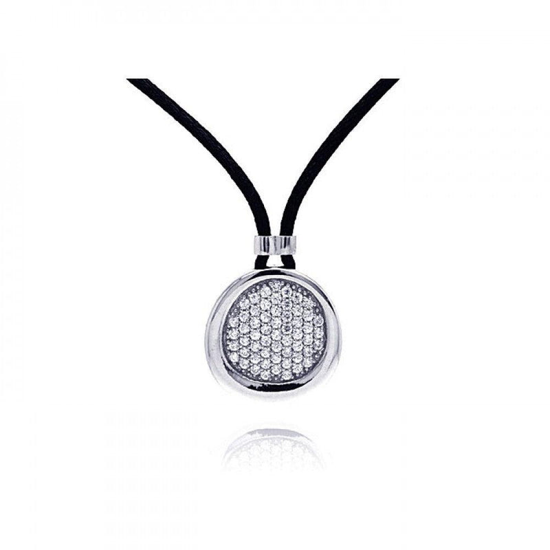 Closeout-Silver 925 Rhodium Plated Clear CZ Circle Pendant Leather Necklace - STP01053 | Silver Palace Inc.