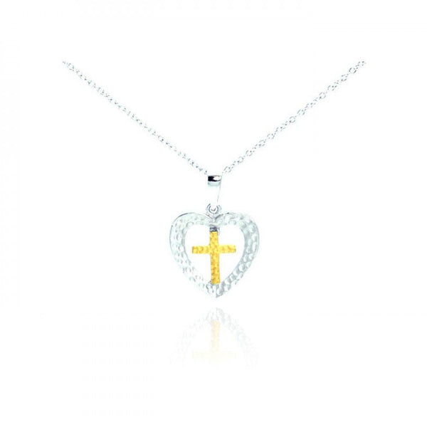 Closeout-Silver 925 Rhodium and Gold Plated Clear CZ Cross Heart Pendant Necklace - STP01066 | Silver Palace Inc.