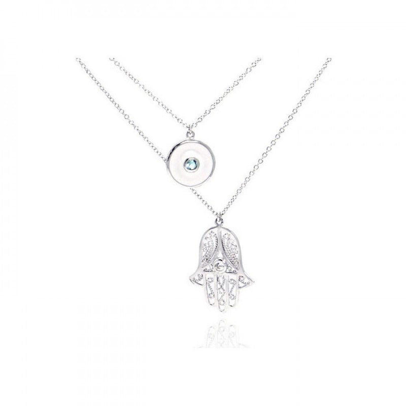 Silver 925 Rhodium Plated Clear CZ Hamsa Pendant Necklace - STP01076 | Silver Palace Inc.