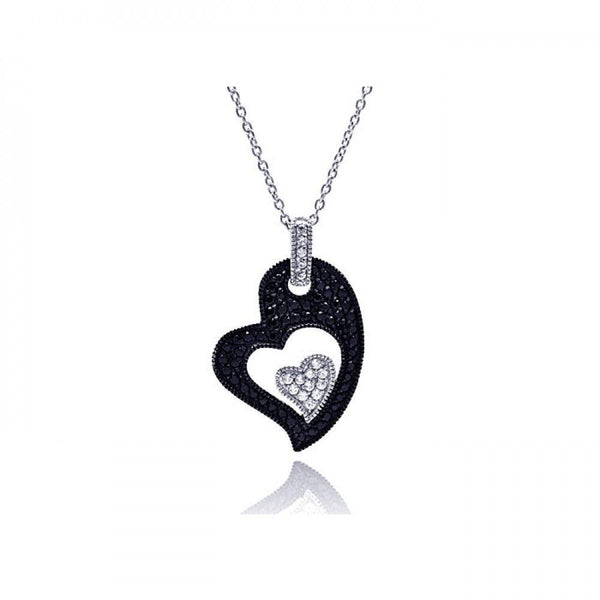 Closeout-Silver 925 Rhodium Plated Clear CZ Black Heart Pendant Necklace - STP01125 | Silver Palace Inc.