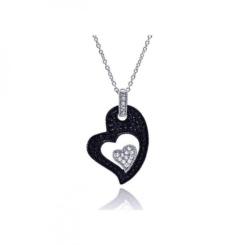 Closeout-Silver 925 Rhodium Plated Clear CZ Black Heart Pendant Necklace - STP01125 | Silver Palace Inc.