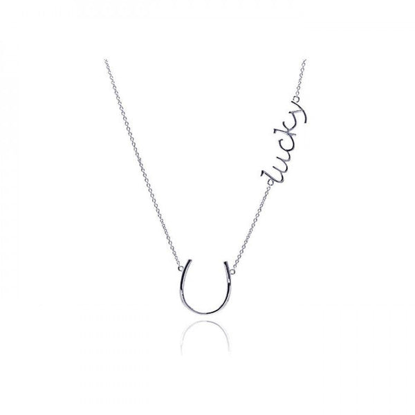 Silver 925 Rhodium Plated Clear CZ Lucky Horseshoe Pendant Necklace - STP01129 | Silver Palace Inc.