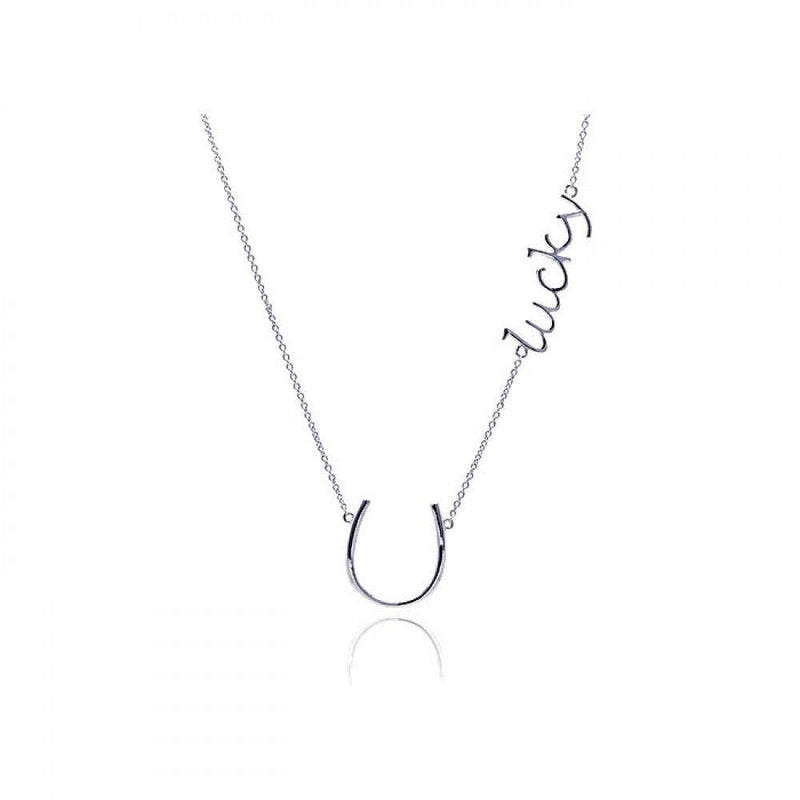 Silver 925 Rhodium Plated Clear CZ Lucky Horseshoe Pendant Necklace - STP01129 | Silver Palace Inc.