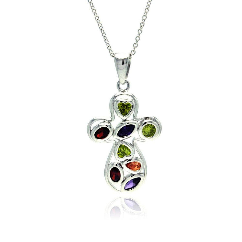 Silver 925 Rhodium Plated Colorful CZ Round Cross Pendant Necklace - STP01139 | Silver Palace Inc.