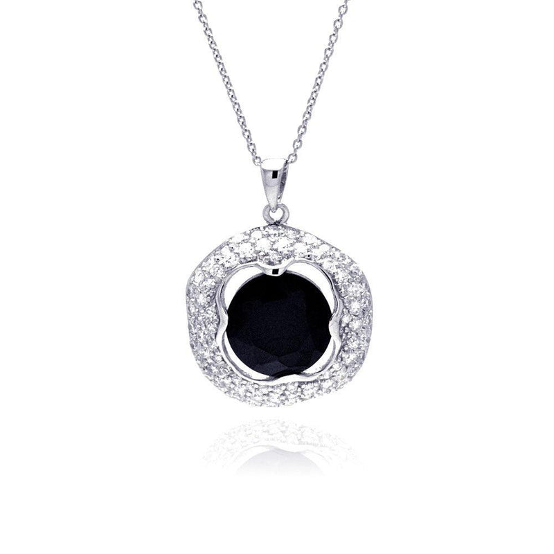 Closeout-Silver 925 Rhodium Plated Clear CZ and Onyx Pendant Necklace - STP01149 | Silver Palace Inc.