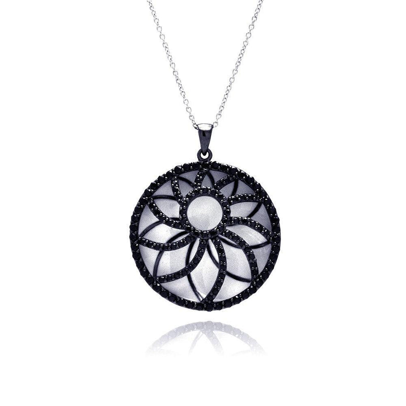 Closeout-Silver 925 Black Rhodium Plated Flower Pendant Necklace - STP01150 | Silver Palace Inc.