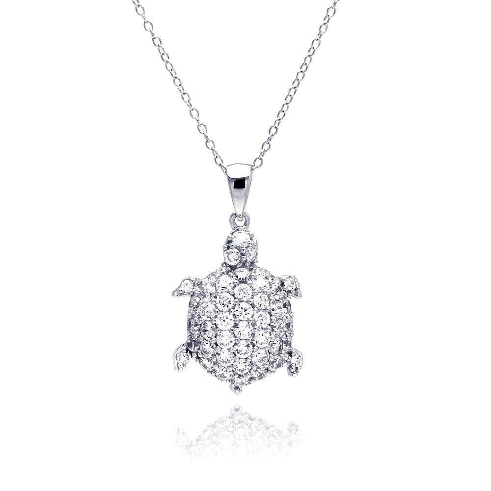 Silver 925 Rhodium Plated Clear CZ Turtle Pendant Necklace - STP01314 | Silver Palace Inc.