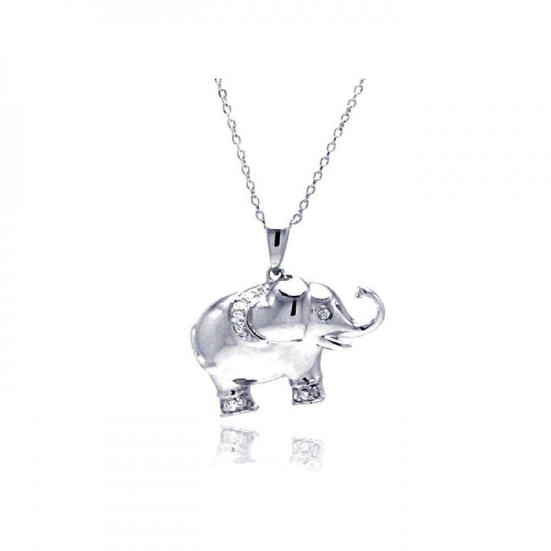 Silver 925 Rhodium Plated Clear CZ Elephant Pendant Necklace - STP01319