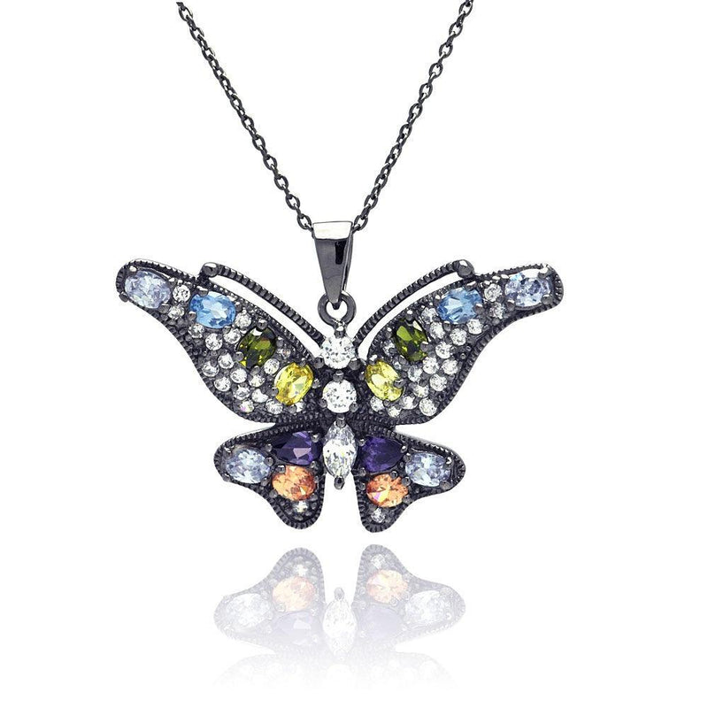 Silver 925 Rhodium Plated Clear CZ Butterfly Pendant Necklace - STP01323 | Silver Palace Inc.