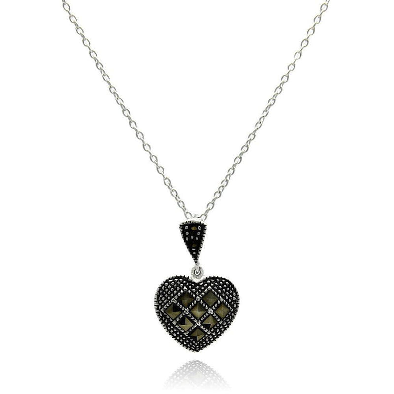 Silver 925 Black Rhodium Plated Black CZ Heart Pendant Necklace - STP01329 | Silver Palace Inc.