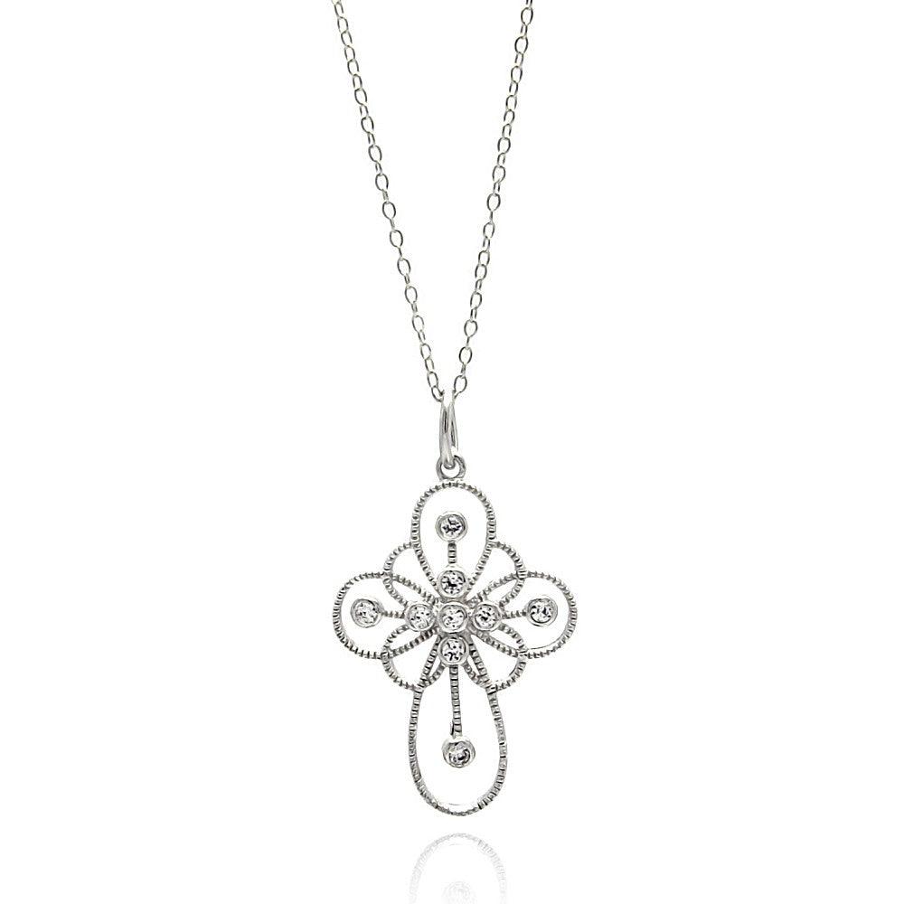 Silver 925 Rhodium Plated Clear CZ Cross Pendant Necklace - STP01336 | Silver Palace Inc.