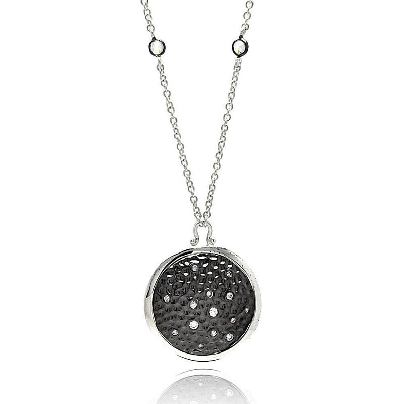Silver 925 Black Rhodium Plated Black and Clear CZ Circular Pendant Necklace - STP01343 | Silver Palace Inc.