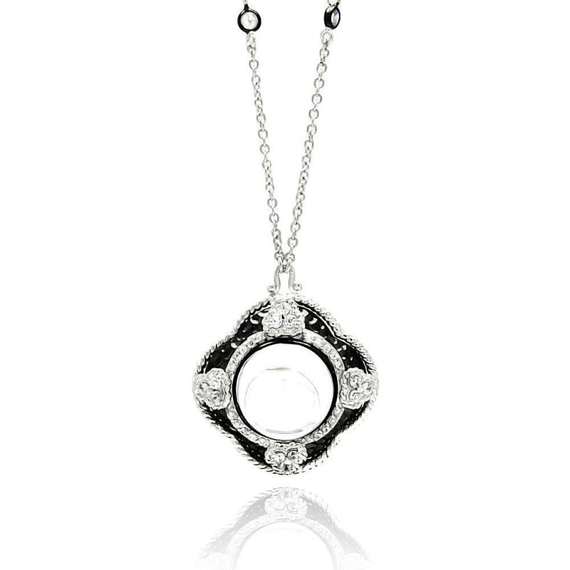 Silver 925 Rhodium Plated Clear CZ Pearl Pendant Necklace - STP01344 | Silver Palace Inc.