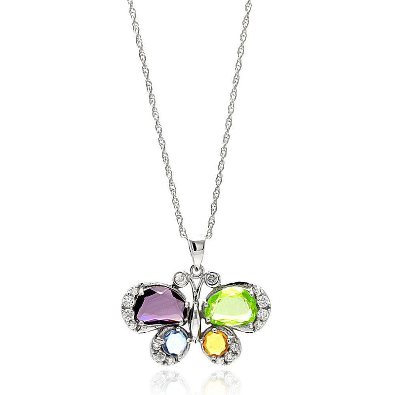 Silver 925 Rhodium Plated Clear CZ Colorful Butterfly Pendant Necklace - STP01350 | Silver Palace Inc.