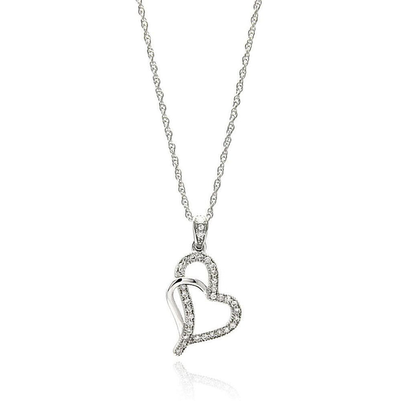 Silver 925 Rhodium Plated Clear CZ Heart Pendant Necklace - STP01351 | Silver Palace Inc.