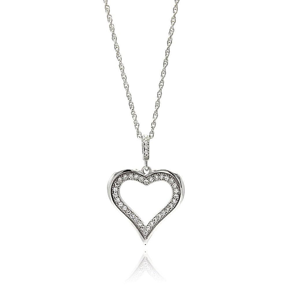 Silver 925 Rhodium Plated Clear CZ Heart Pendant Necklace - STP01353 | Silver Palace Inc.