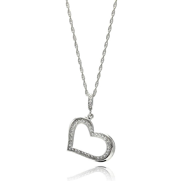 Silver 925 Rhodium Plated Clear CZ Heart Pendant Necklace - STP01355 | Silver Palace Inc.