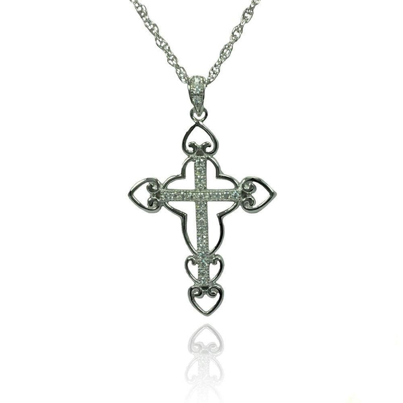 Silver 925 Rhodium Plated Clear CZ Cross Pendant Necklace - STP01356 | Silver Palace Inc.