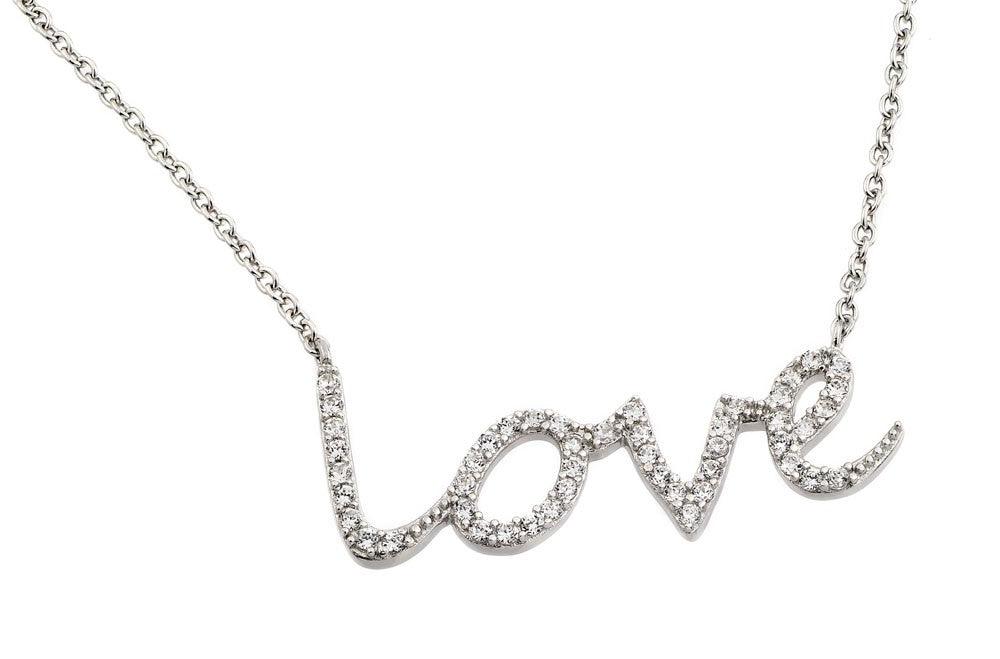 Silver 925 Rhodium Plated Clear CZ Love Pendant Necklace - STP01372 | Silver Palace Inc.