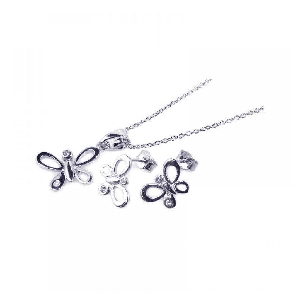 Silver 925 Rhodium Plated Open Butterfly CZ Stud Earring and Necklace