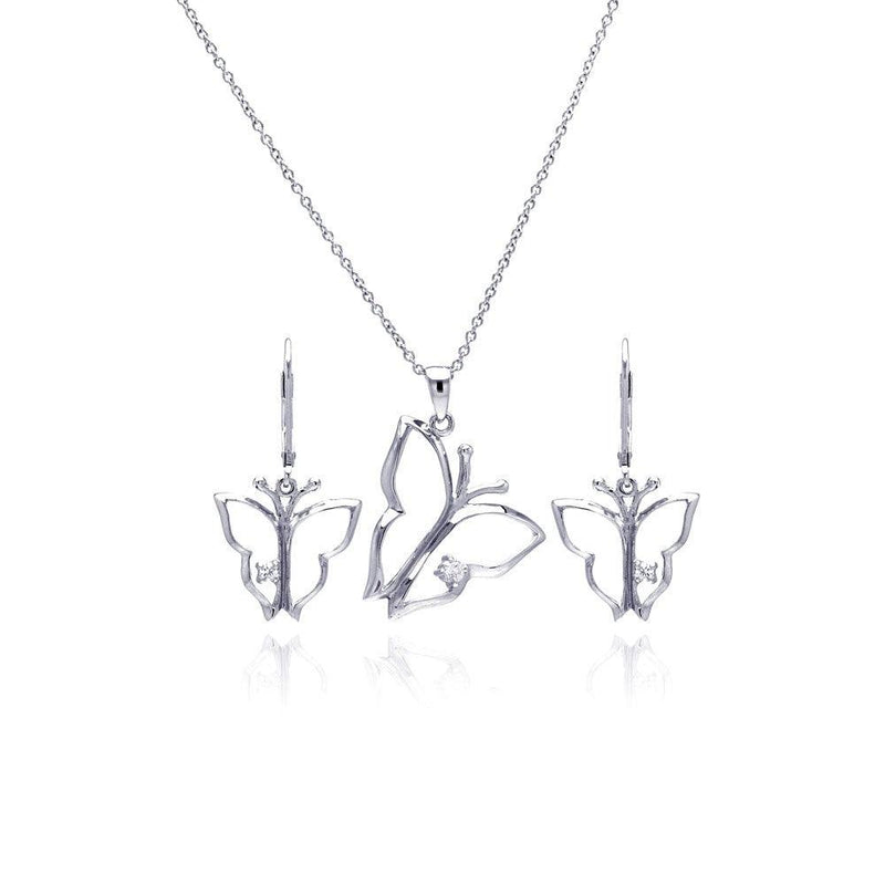 Silver 925 Rhodium Plated Open Butterfly CZ Dangling Lever Back Earring and Necklace Set - STS00265 | Silver Palace Inc.