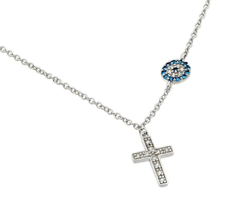 Silver 925 Rhodium Plated Clear CZ Stone Cross with Blue CZ Stone Circle Pendant Necklace - BGP00844 | Silver Palace Inc.