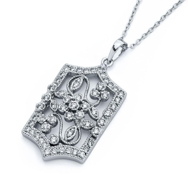 Silver 925 Rhodium Plated Flower Filigree CZ Necklace - BGP00812 | Silver Palace Inc.