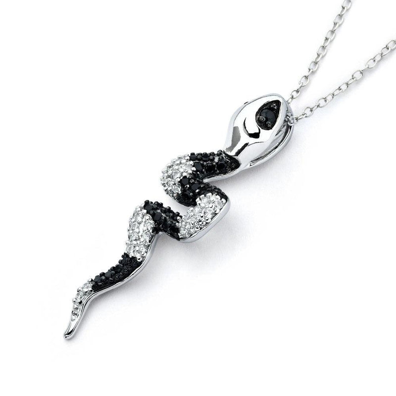 Silver 925 Rhodium Plated Black and Clear Snake CZ Necklace - BGP00814 | Silver Palace Inc.