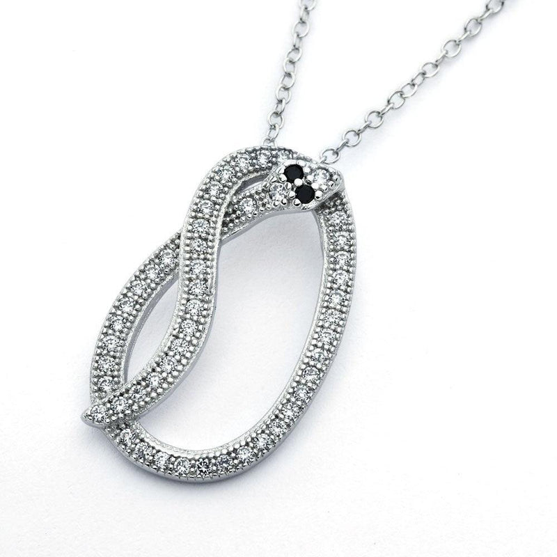 Silver 925 Rhodium Plated Long Black and Clear Snake CZ Necklace - BGP00816 | Silver Palace Inc.